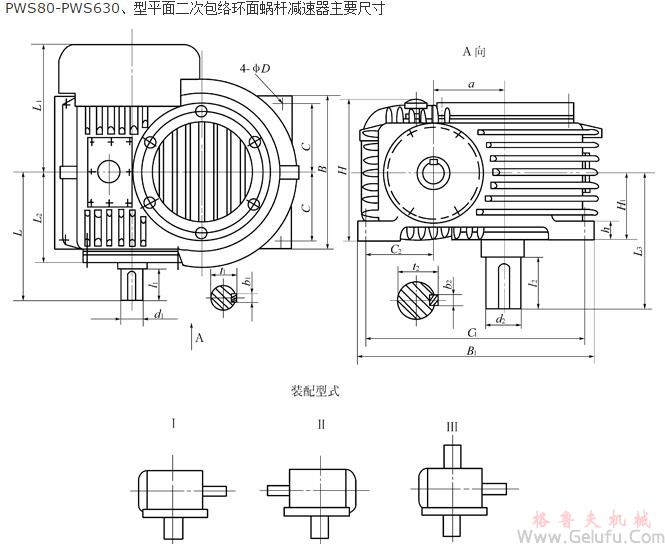 PWS80、PWS100、PWS125、PWS140、PWS160、PWS180、PWS200、PWS225、PWS250、PWS280、PWS315、PWS355、PWS400、PWS450、PWS500、PWS560、PWS630、型平面二次包絡(luò)環(huán)面蝸桿減速機(jī)主要尺寸（GB/T16449-1996）