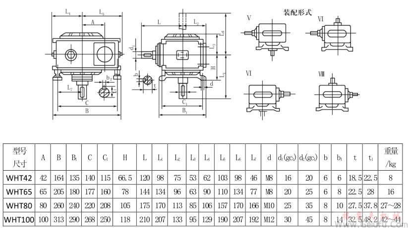 WHT42、WHT65、WHT80、WHT100型圓弧圓柱蝸桿減速機(jī)Ⅴ—Ⅷ式安裝型式及尺寸JB2318—79